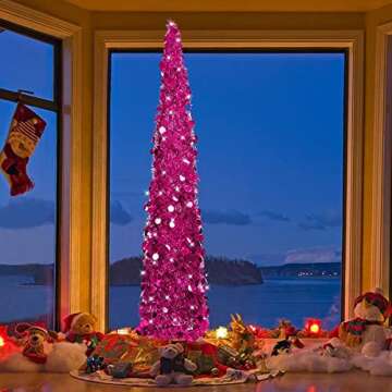 Joy-Leo 5ft Pink Pop Up Christmas Tree with Reflective Sequins, Small Pencil Artificial Christmas Tree, Collapsible Tinsel Xmas Tree, Designed for Small Spaces, Easy to Assemble, Save Space & Time