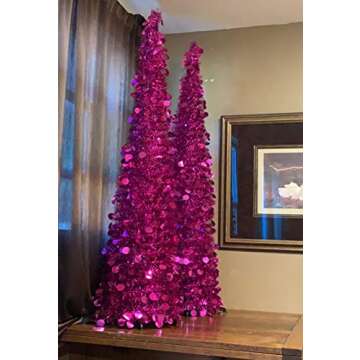 Joy-Leo 5ft Pink Pop Up Christmas Tree with Reflective Sequins, Small Pencil Artificial Christmas Tree, Collapsible Tinsel Xmas Tree, Designed for Small Spaces, Easy to Assemble, Save Space & Time