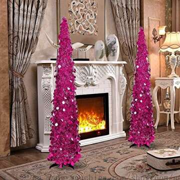 Joy-Leo 5ft Pink Pop Up Christmas Tree with Reflective Sequins, Small Pencil Artificial Christmas Tree, Collapsible Tinsel Xmas Tree, Designed for Small Spaces, Easy to Assemble, Save Space & Time