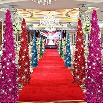 Joy-Leo 5ft Pink Pop Up Christmas Tree with Reflective Sequins, Small Pencil Artificial Christmas Tree, Collapsible Tinsel Xmas Tree, Designed for Small Spaces, Easy to Assemble, Save Space & Time