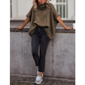 Ynhonra Womens Turtleneck Short Batwing Sleeve Sweater Knitted Oversized Chunky Dolman Tops(Brown-S)