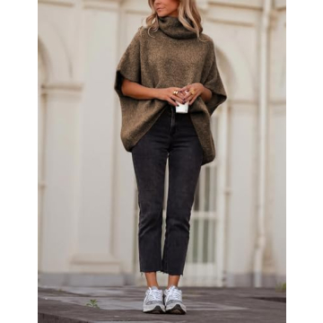 Ynhonra Womens Turtleneck Short Batwing Sleeve Sweater Knitted Oversized Chunky Dolman Tops(Brown-S)