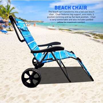 Beach Cart Chair – 2 in 1 Turns from Beach Cart to Beach Chair – Large Wheels – Easy to Use – Large Capacity – Blue Striped Color