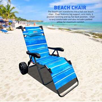 Beach Cart Chair – 2 in 1 Turns from Beach Cart to Beach Chair – Large Wheels – Easy to Use – Large Capacity – Blue Striped Color