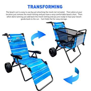 Beach Cart Chair – 2 in 1 Turns from Beach Cart to Beach Chair – Large Wheels – Easy to Use – Large Capacity – Blue Striped Color