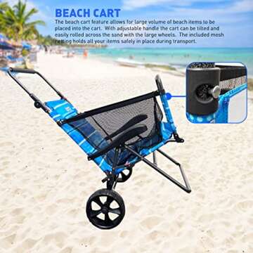 Beach Cart Chair – 2 in 1 Turns from Beach Cart to Beach Chair – Large Wheels – Easy to Use – Large Capacity – Blue Striped Color