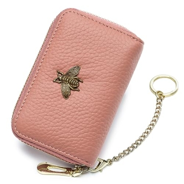 imeetu RFID Credit Card Holder, Small Leather Zipper Card Case Wallet with Keychain and ID Window fo...