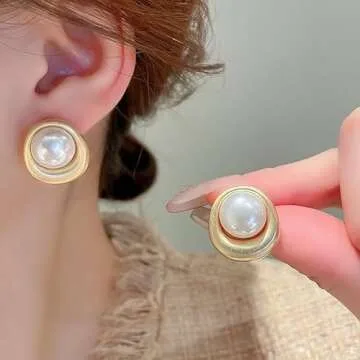 Mytys Pearl Stud Earrings, 14K Gold plated Large Pearl Earrings Gold Stud Earrings Handpicked Freshw...