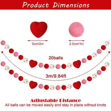 2 Pcs Valentine's Day Felt Ball Garland with Red Heart - Valentines Decorations - Red Pink White Pom...