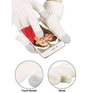 SATINIOR 5 Pcs Winter Hat Scarf Gloves Set Fleece Lined Knit Beanie Hat Warm Touch Screen Gloves Earmuff Warmer for Women (Beige,Classic Style)