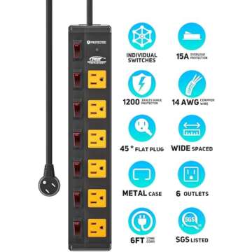 CRST 6 Outlet Metal Heavy Duty Power Strip with Individual Switches, 6FT Wide Spaced Garage Power Strip, Mountable Power Strip Surge Protector (1200 Joules), 15amp/1875W, 14AWG SJT Power Cord