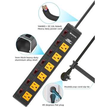 CRST 6 Outlet Metal Heavy Duty Power Strip with Individual Switches, 6FT Wide Spaced Garage Power Strip, Mountable Power Strip Surge Protector (1200 Joules), 15amp/1875W, 14AWG SJT Power Cord