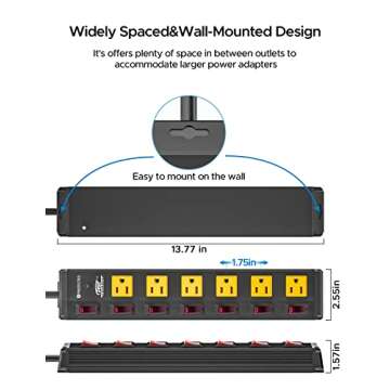 CRST 6 Outlet Metal Heavy Duty Power Strip with Individual Switches, 6FT Wide Spaced Garage Power Strip, Mountable Power Strip Surge Protector (1200 Joules), 15amp/1875W, 14AWG SJT Power Cord