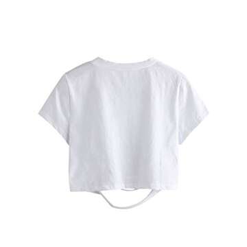 SweatyRocks Women's Short Sleeve Cutout Tee Shirt Distressed Crop Top Solid White Medium