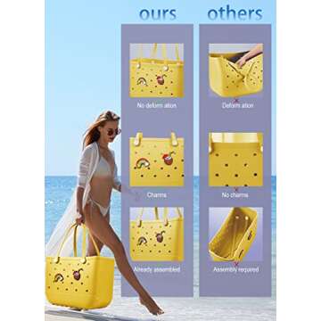 Qkstan Beach Bag Rubber Tote Bag Waterproof Travel Bags for Women Washable Tote Bag Handbag for Sports Beach Market Pool 15×5.25×13In(Yellow, Large)