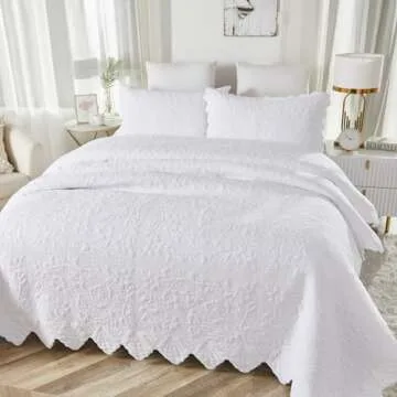 Brandream White Quilts Set Queen Size Bedspreads Farmhouse Bedding 100% Cotton Quilted Bedspreads