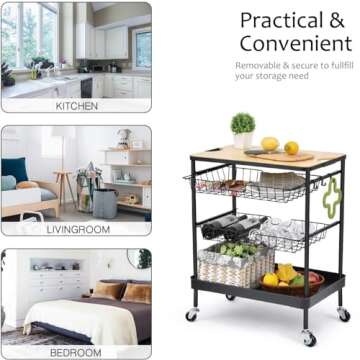 TOOLF Kitchen Island Serving Cart with Utility Wood Tabletop, 4-Tier Rolling Storage Cart with 2 Bas...