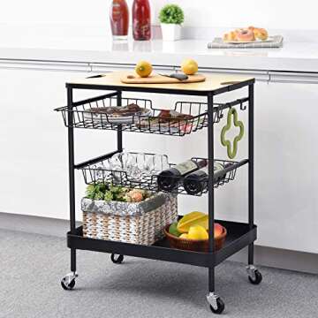 TOOLF Kitchen Island Serving Cart with Wood Top