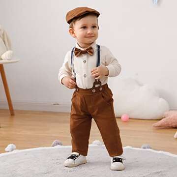YUEMION Baby Boy Clothes Set Infant Tuxedo Long Sleeve Gentleman Suit Outfits + Beret Hat + Suspender Pants + Bowtie(L Beige - long sleeve, 3-6 Months)