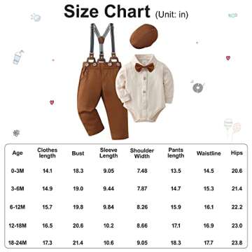 YUEMION Baby Boy Clothes Set Infant Tuxedo Long Sleeve Gentleman Suit Outfits + Beret Hat + Suspender Pants + Bowtie(L Beige - long sleeve, 3-6 Months)
