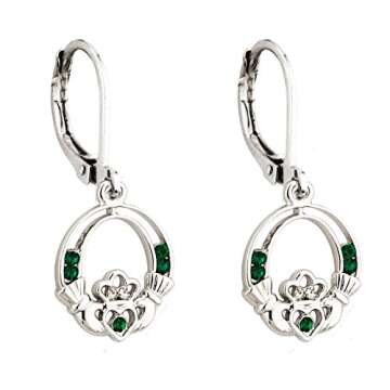 Biddy Murphy, Traditional Irish Claddagh Women's Earrings, Emerald Green Crystal Rhodium Plated Drop...
