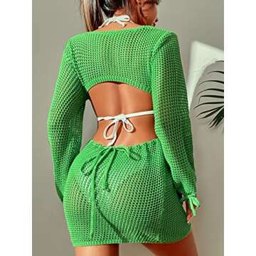 MakeMeChic Women's Crochet Cover Up Long Sleeve Knitted Swim Beach Cover Up Dress Swimwear Green M