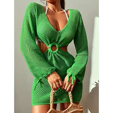 MakeMeChic Women's Crochet Cover Up Long Sleeve Knitted Swim Beach Cover Up Dress Swimwear Green M