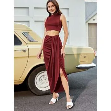 ZAFUL Women's Casual Sleeveless Summer Two Piece Outfits Solid Crop Top and Draped Ruched Maxi Skirt Set Solid Suiting (B-Wine Red, XL)
