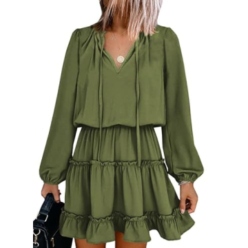 Dokotoo Womens Cute Spring Sexy Deep V Neck Ruffle Chiffon Lantern Long Sleeve Elegant Empire Waist ...