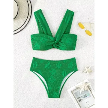 Falainetee Women's High Waisted Bathing Suit Floral Jacquard Twist Criss Cross Swimsuit Bikini Set 2 Piece Green S