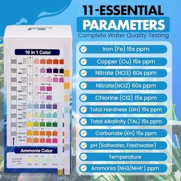 11 in 1 Aquarium Test Strips - Fish Tank Water Testing Kit with Ammonia Test Strips for Fish Tank (150 Strips) & eBook | Includes 50 Ammonia Strips, Thermometer, & Test Kit for Ponds & All Fish Tanks