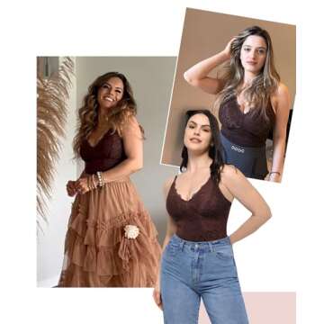FeelinGirl Shapewear Tummy Control Bodysuits for Women Lace Thong Tops V Neck Lingerie Backless Body BodySuit Brown M