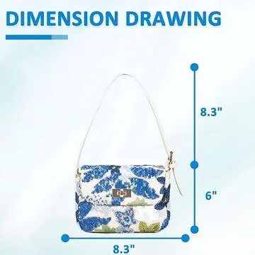 Stylish Sequin Embroidered Straw Tote Bag for Beach & Daily Use (Blue Flowers)