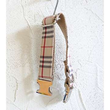 Rantow Nylon Pet Dog Leash Collar Set, S Collar + S Leash for Dog Walking Training, Classic Scottish Beige Plaid Pattern Designed