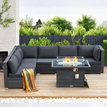 NICESOUL Extra Large Rattan Patio Furniture Set with Gas/Propane Fire Pit