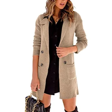 Danedvi Women Open Front Lapel Collar Cardigan Button Down Long Sweaters Cardigan Solid Outerwear Coats Khaki