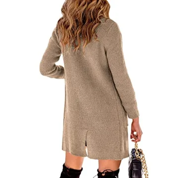 Danedvi Women Open Front Lapel Collar Cardigan Button Down Long Sweaters Cardigan Solid Outerwear Coats Khaki