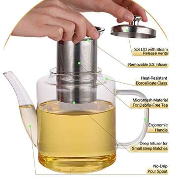 Borosilicate Glass Teapot - 47oz/1400ml Large, Stovetop Safe with Infuser, Perfect for Loose Leaf, Blooming & Flowering Tea
