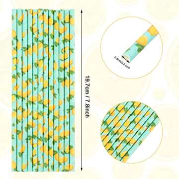 Whaline 200Pcs Summer Drinking Paper Straws Watercolor Lemon Disposable Paper Straws Lemon Party Decorative Straws for Summer Birthday Baby Shower Supplies Juices Shakes Cocktail Decoration
