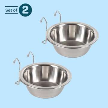 Set of 2 Stainless-Steel Dog Bowls - Cage, Kennel, and Crate Hanging Pet Bowls for Food and Water - ...