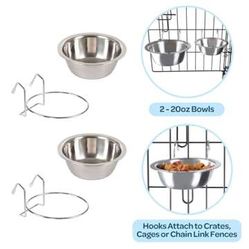 Set of 2 Stainless-Steel Dog Bowls - Cage, Kennel, and Crate Hanging Pet Bowls for Food and Water - 20oz Each and Dishwasher Safe by PETMAKER,Silver