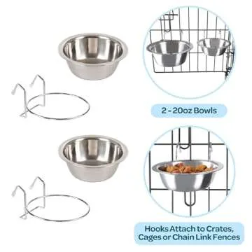 Set of 2 Stainless-Steel Dog Bowls - Cage, Kennel, and Crate Hanging Pet Bowls for Food and Water - 20oz Each and Dishwasher Safe by PETMAKER,Silver