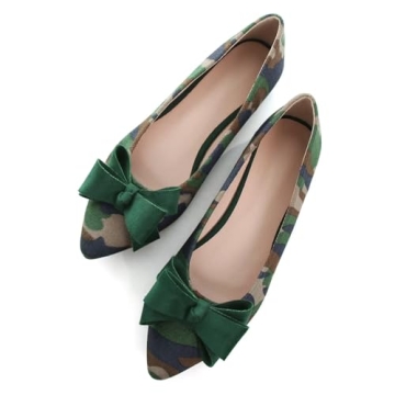 SAILING LU Women's Pointed Toe Ballet Flats Comfortable Cute Bow-Knot Loafers Solid Color Suede Slip-ons Soft Walking Shoes Camouflage Green Size 5