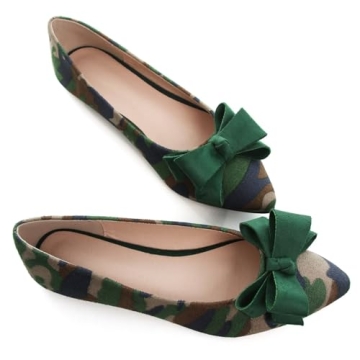 SAILING LU Women's Pointed Toe Ballet Flats Comfortable Cute Bow-Knot Loafers Solid Color Suede Slip-ons Soft Walking Shoes Camouflage Green Size 5