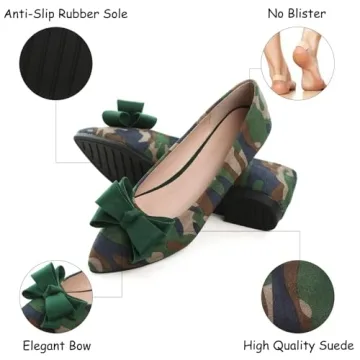 SAILING LU Women's Pointed Toe Ballet Flats Comfortable Cute Bow-Knot Loafers Solid Color Suede Slip-ons Soft Walking Shoes Camouflage Green Size 5
