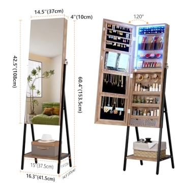 LVSOMT LED Mirror Jewelry Cabinet Full-Length Organizer