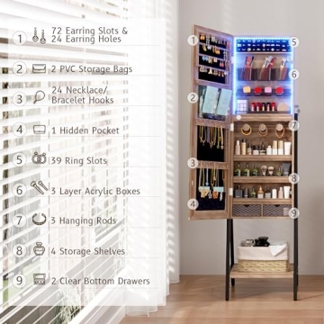 LVSOMT LED Mirror Jewelry Cabinet Full-Length Organizer