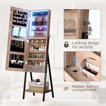 LVSOMT LED Mirror Jewelry Cabinet Full-Length Organizer