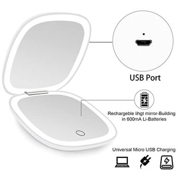 Deweisn Compact Lighted Makeup Mirror Dimmable USB Rechargeable