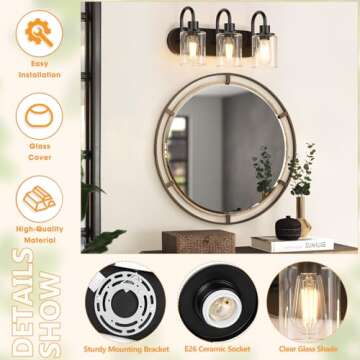 Baocuz 3-Light Bathroom Light Fixtures, Black Vanity Light Farmhouse Wall Sconces with Clear Glass Shade, Modern Bathroom Wall Lamp for Mirror Bedroom Hallway Living Room Cabinet